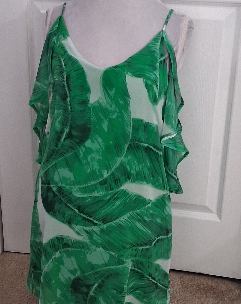 Olivacious Tropical Mini Dress With A Ruffled Cold Shoulder Hanging Sleeve